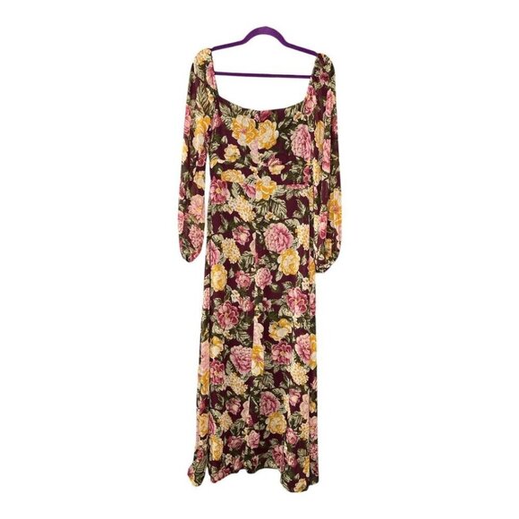 En Crème Floral Maxi Dress Boho Cutout Long Sleeve Halter Burgundy Yellow M NWT - Picture 8 of 12